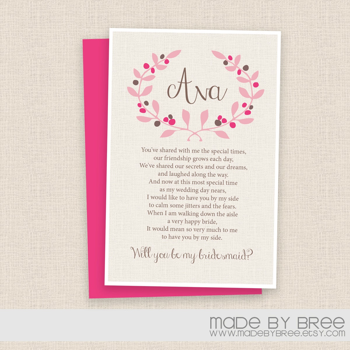 Will you be my Bridesmaid Customizable Card - Linen - Bright Magenta - Pink and Brown -  Floral Wreath