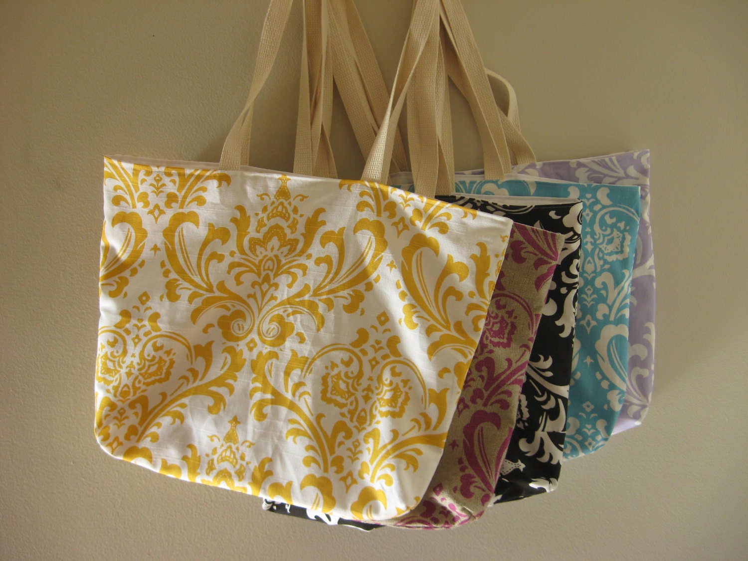 4  Bridesmaid totes,  gifts -   Large Damask Beach Totes, welcome bags, wedding favors