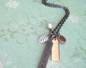 Mixed Metal Charm Necklace .. Vintaj Brass Paddle, Gold Bar, Copper Disc, Silver Leaf, Freshwater Pearl .. Espresso Chain .. Customizeable