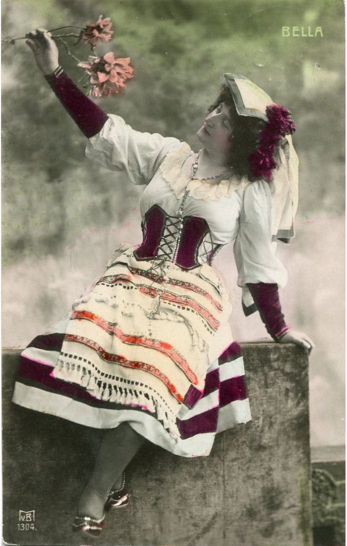 Original French vintage hand tinted real photo postcard - Actress miss Bella in dress with corset - Victorian Paper Ephemera