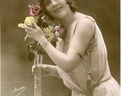 Original French vintage hand tinted real photo postcard - Lady with vase of roses - Victorian Paper Ephemera