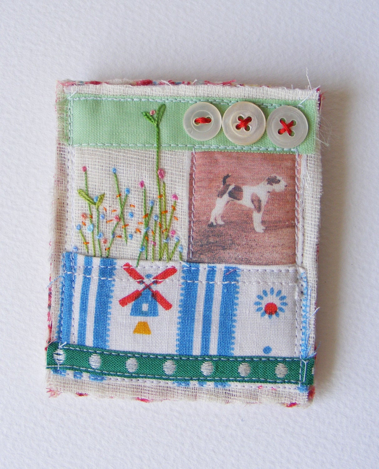 Handmade fiber Textile collage Brooch ... sweet vintage Dog and hand embroidered flowers