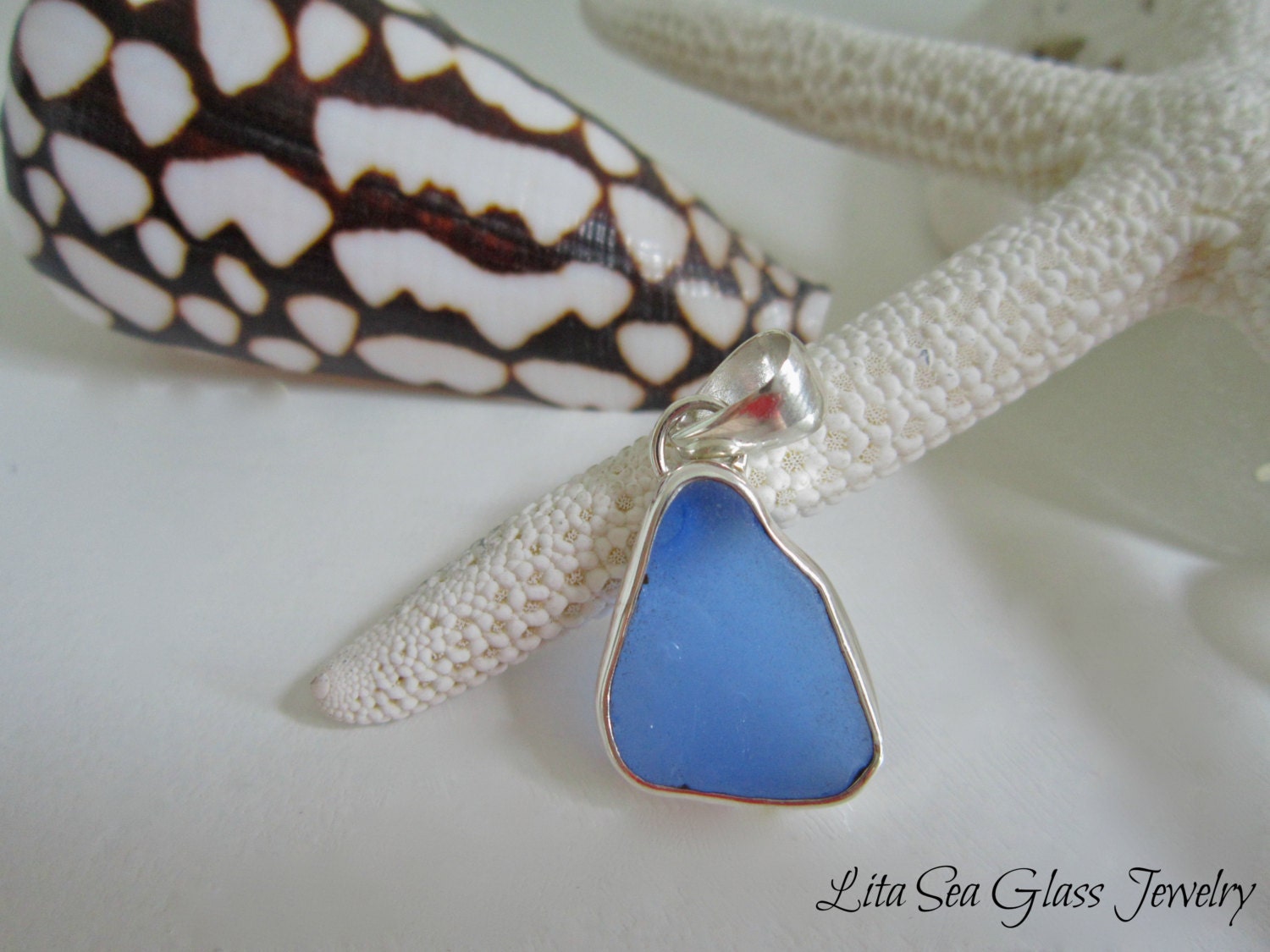 Cornflower Sea Glass Bezel Set Pendant-Sea Glass Jewelry-Sea Glass Pendant-Sterlin Silver-Womans Jewelry