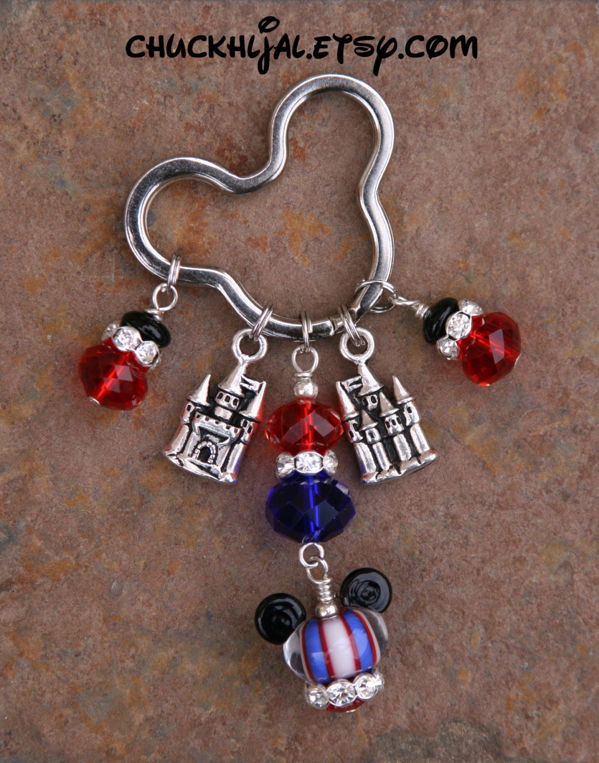 American Patriotic Red White and Blue Bling Lanyard w Mickey Mouse Style Disney Inspired Lampwork  DeSIGNeR Key Fob Name Badge Keychain