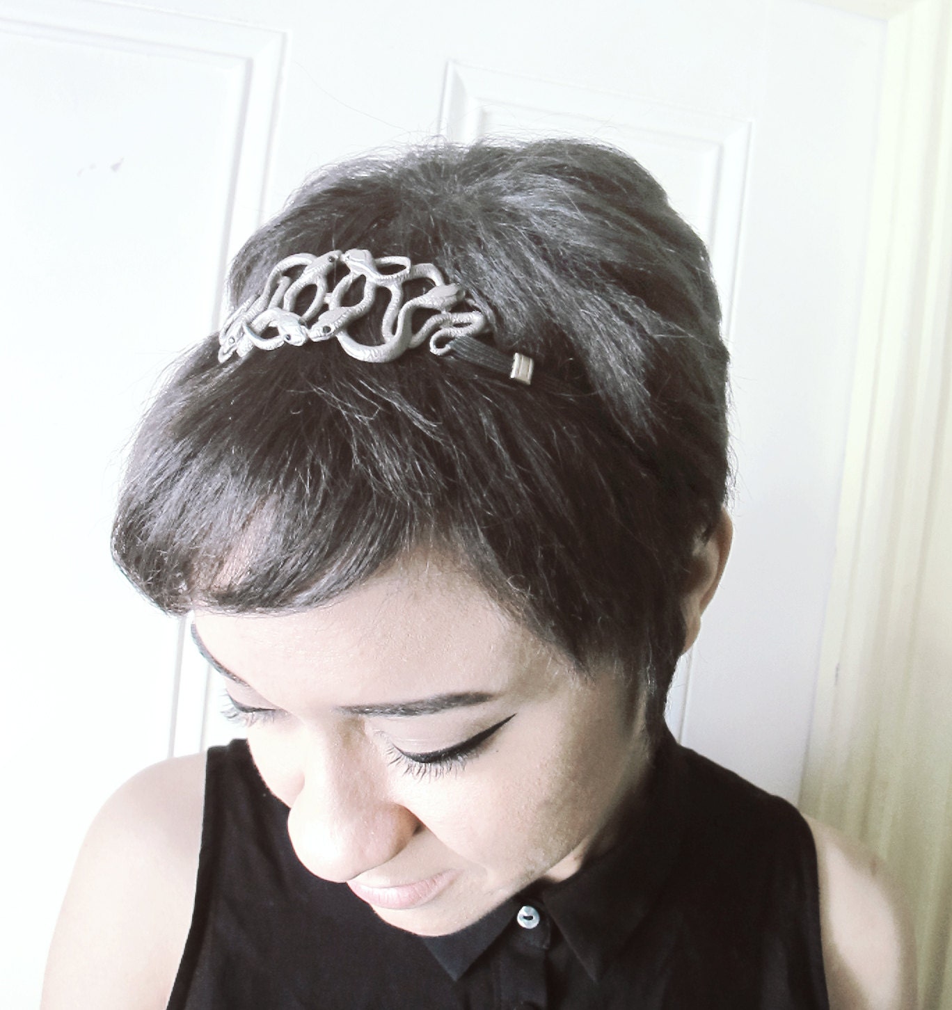 Lady Medusa Bronze Snake Head Band with Green Swarovski Crystals