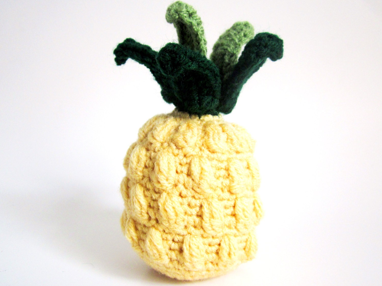 Play Food RATTLE Toy: Textured Pineapple Amigurumi in Maize Yellow and Green Washable Yarn - Crocheted and Designed by The Silver Hook