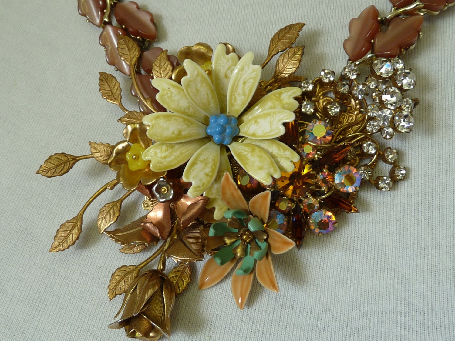 necklace, statement necklace, Eleanor, unique ooak vintage rhinestone and enamel flower necklace,wedding necklace SHIPS FREE