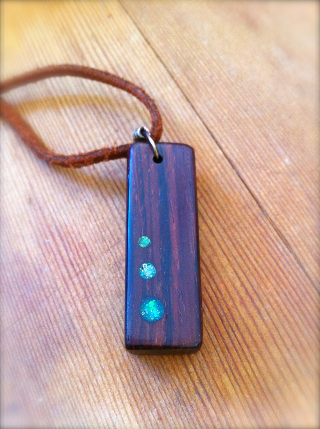 Modern Minimalist Cocobolo Exotic Hardwood Pendant with emerald green circles