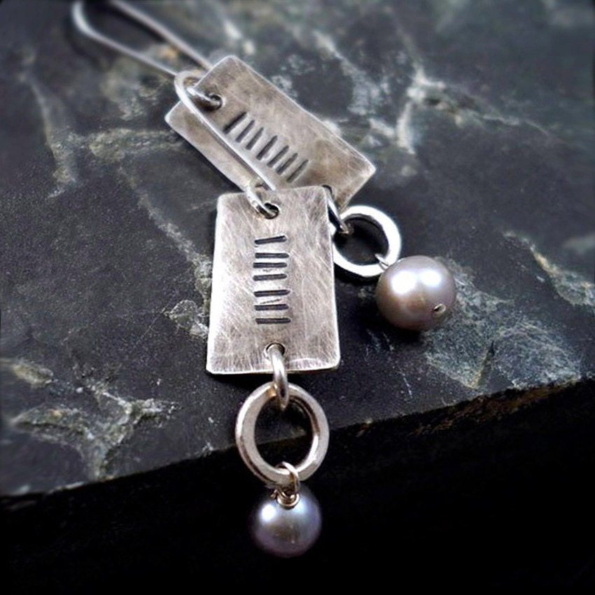 Geometric Stamped Silver Earrings with Freshwater Pearls, Modern, Rustic