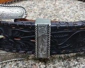 Black Tooled Leather Belt - Etched Silver Buckle Keeper Tip - Snap On Removable - Vintage Mens Womens - Mexico - Western Style - 33 34 35