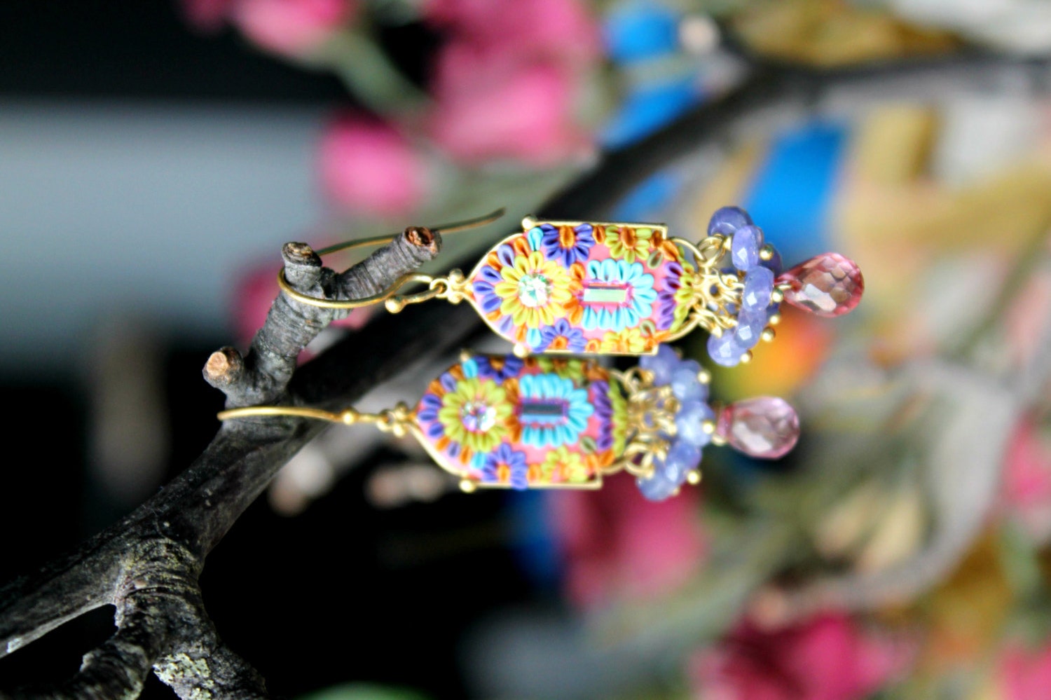 Tanzanite and Mystic pink quartz earrings with clay floral detals and Vintage Crystals in 24k vermeil -  Spring Bouquet