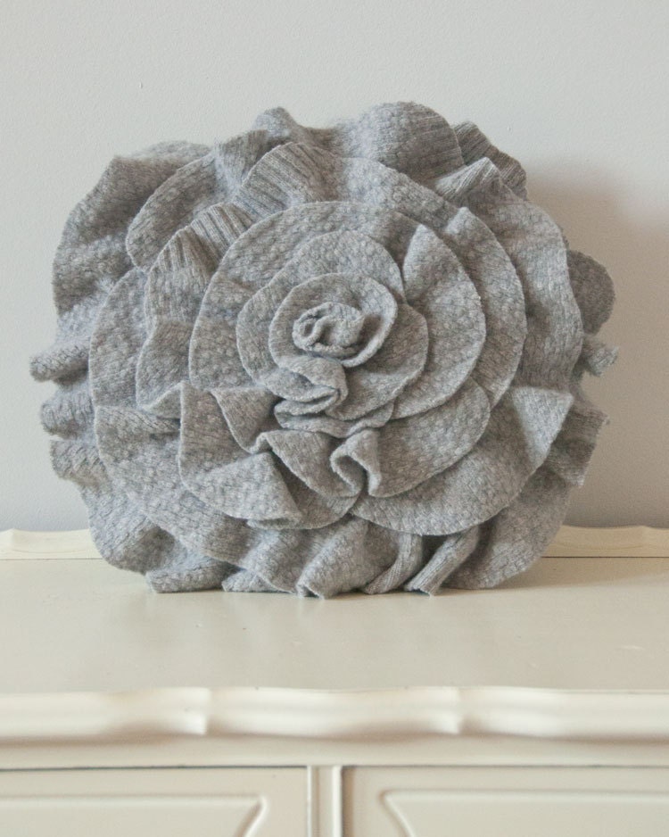 Medium 16" Ruffle Rose Pillow in Textured Gray. Eco friendly recycled materials.