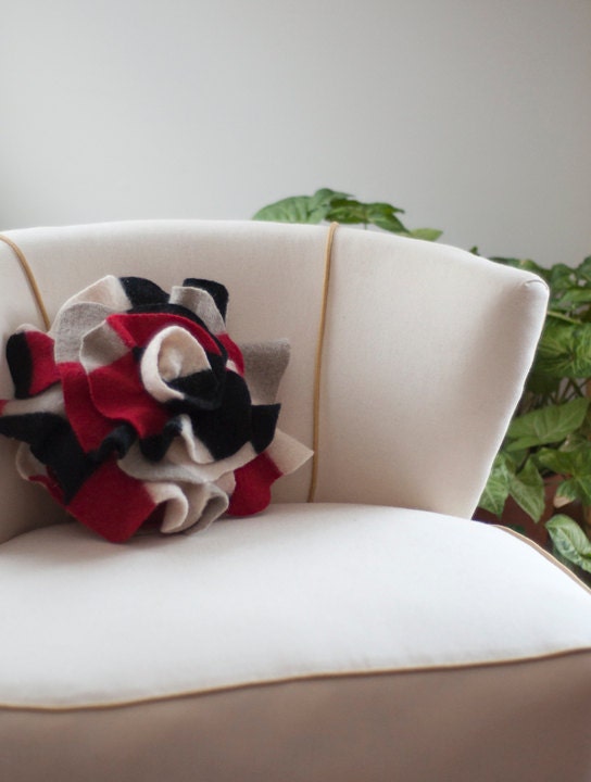 Small Ruffle Rose Pillow in Geometric Pattern. Eco friendly recycled materials.