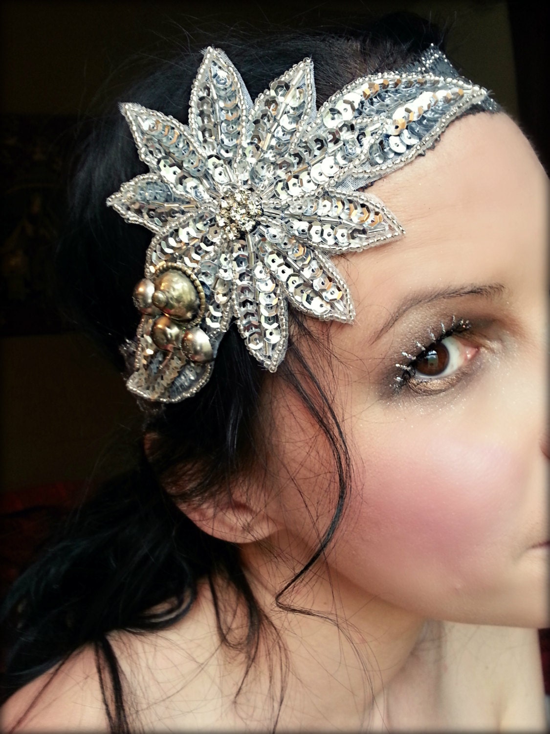 Flapper Deco Headband with Sparkling Sequin Star and Turkoman Buttons