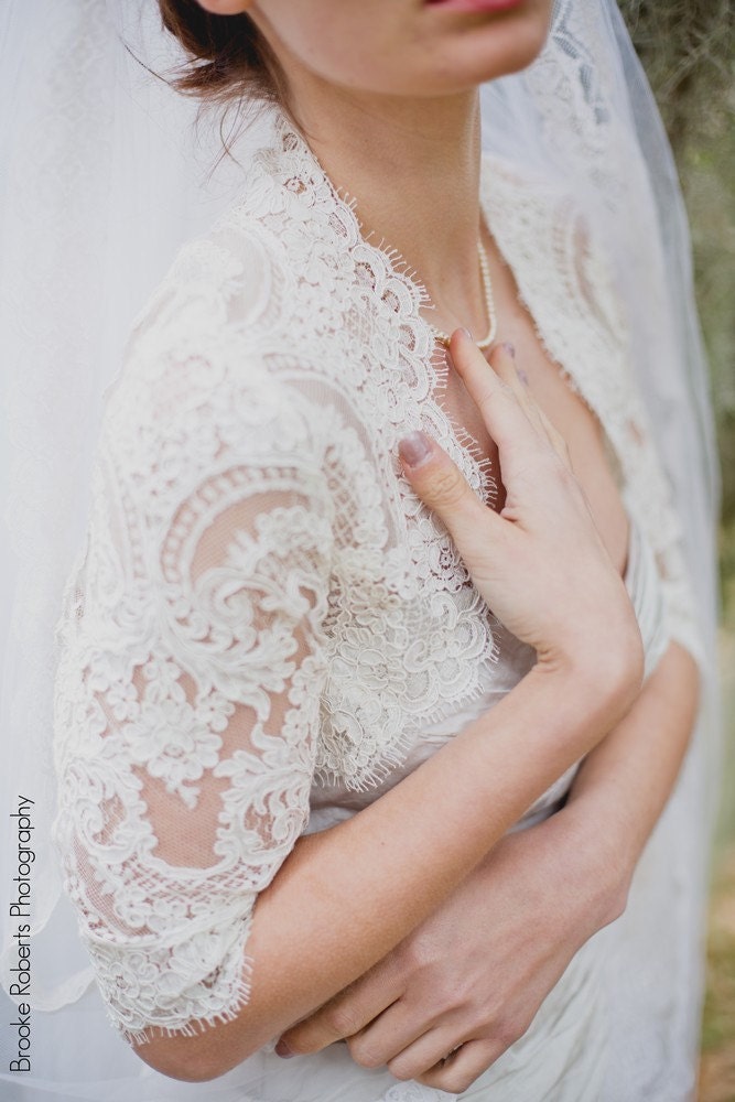 French Alencon Lace Wedding Bolero with 3/4 Sleeve