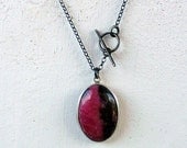 Australian Rhodonite Necklace, Statement necklace, Pink & Black Rhodonite pendant,  Oxidized silver chain