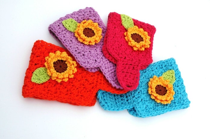 Crochet Cup Tea Coffee Mug Orange Cosy with Sunflower