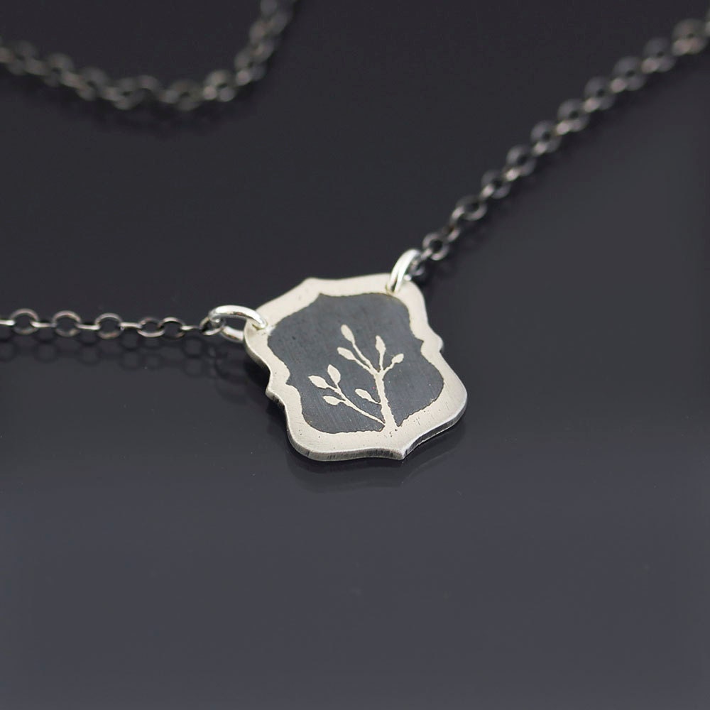 Framed Branch Necklace - Etched and Oxidized Sterling Silver - Hand Drawn Nature Jewelry
