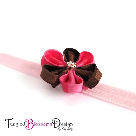 Pink and brown Chevron Diamante Kanzashi Flower Headband Baby Newborn prop Girl Chic Riley Blake Designer Fabric