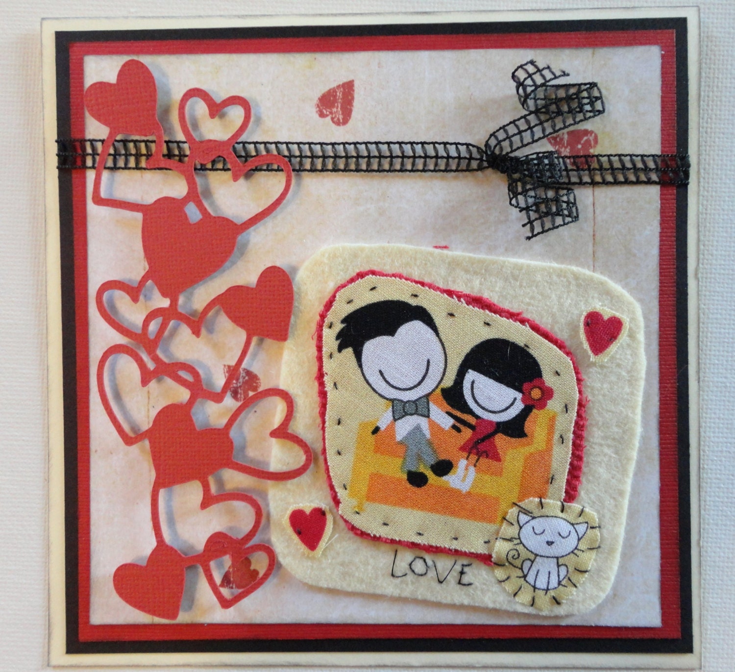 Handmade Valentine Card Love Heart Boy and Girl 6 X 6 Cardstock and Sweet Scrapbook Paper Black Ribbon Kitty Card Handsewn Embellishment