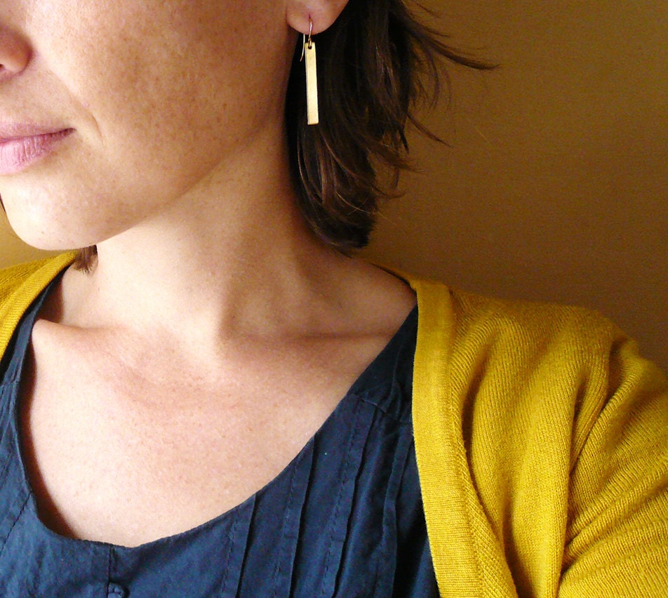 Gold Bar Earrings - Simple Geometric Earrings, Long Vintage Brass Rectangle Earrings