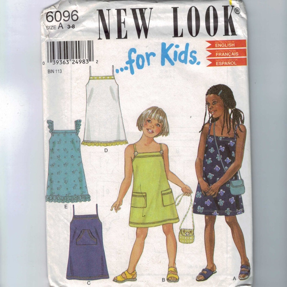 Childs Sewing Pattern New Look 6096 Girls Slip Dress Purse Size 3 4 5 6 7 8 Breast 21 1/2 - 26 UNCUT