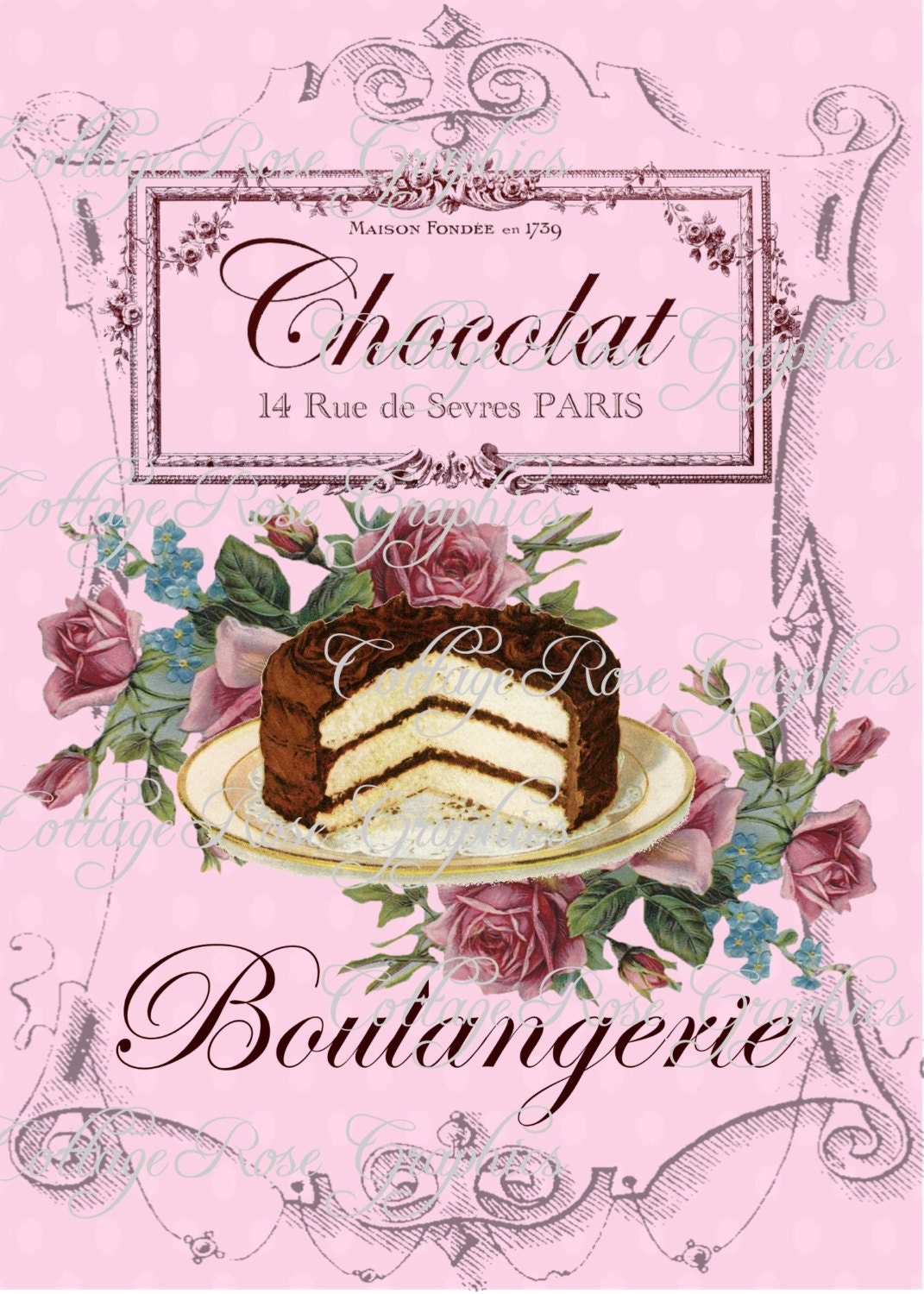 Large digital download French Bakery Paris French pink roses image BUY 3 get one FREE ECS Bouglangerie French for Bakery