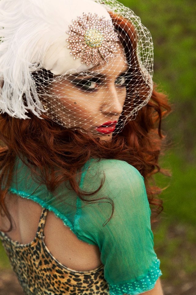Unique Ivory Birdcage Veil, Feather Fascinator, Bridal Head Piece, Hair Accessory, Hat, Pink, Swarovski Crystal Flower, Batcakes Couture