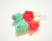 Turquoise and Red Day of the Dead Rose and Sugar Skull Earrings