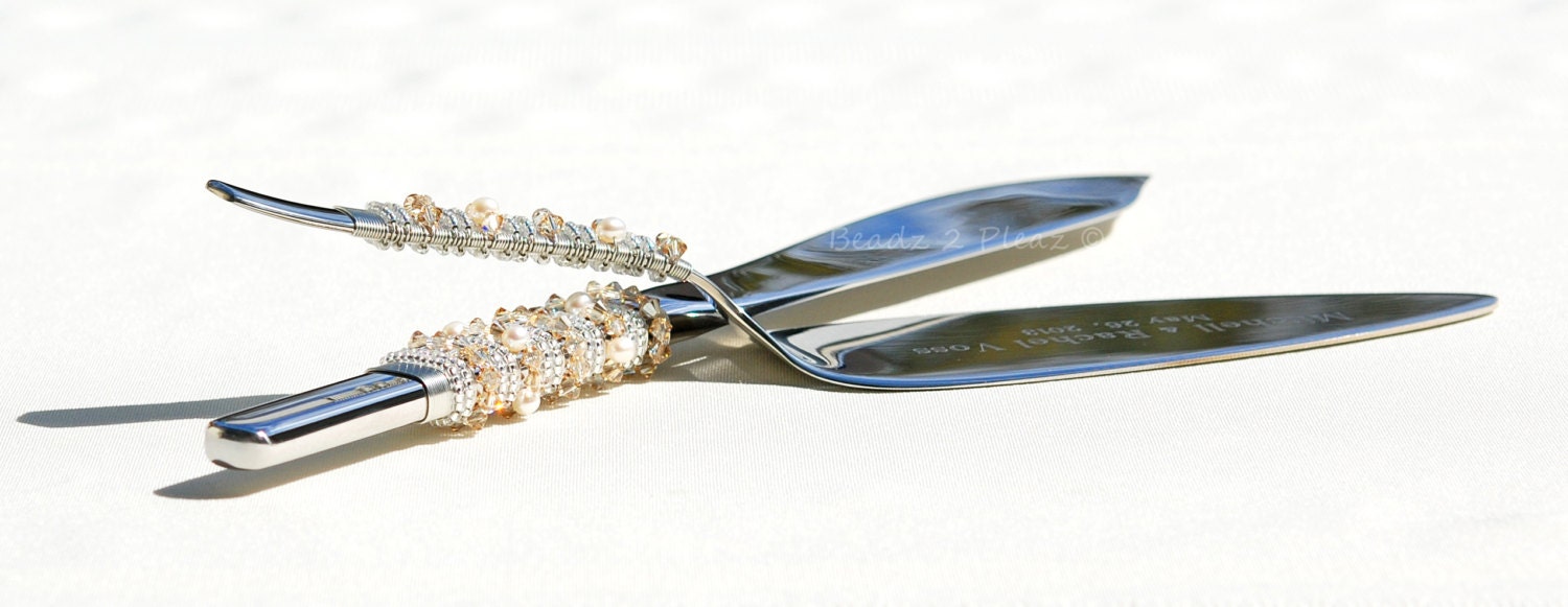 ENGRAVED Cake Server AND Knife Serving Set Personalized And Beaded In SWAROVSKI Crystal, Fresh Water Pearls Unique Wedding Table Settings