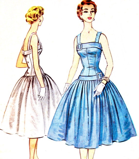 1950s Evening Dress Pattern McCalls 3185 Sleeveless Drop Waist Evening Gown Full Skirt Back Button Bodice Vintage Sewing Pattern Bust 32