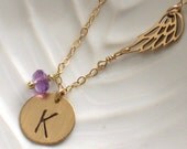 Angel Wing, Initial & Birthstone Necklace, Wing charm, Personalized Jewelry, Birthstone Jewelry, Memorial Jewelry