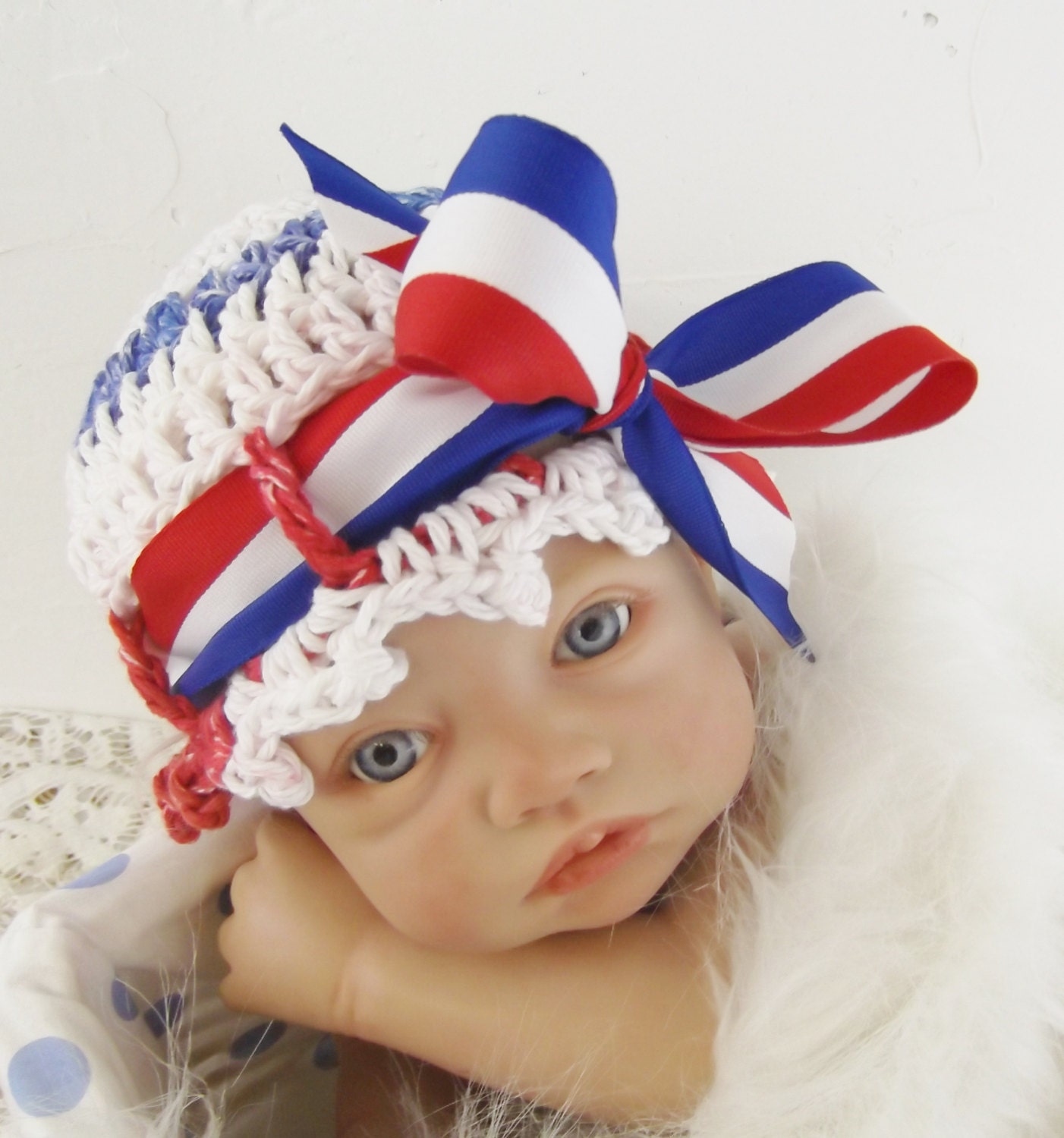 Happy Birthday, USA/ Newborn Crochet Hat in Red, White and Blue Cotton/Photography Prop