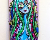 Mermaid Dread Goddess acrylic painting on broken skateboard