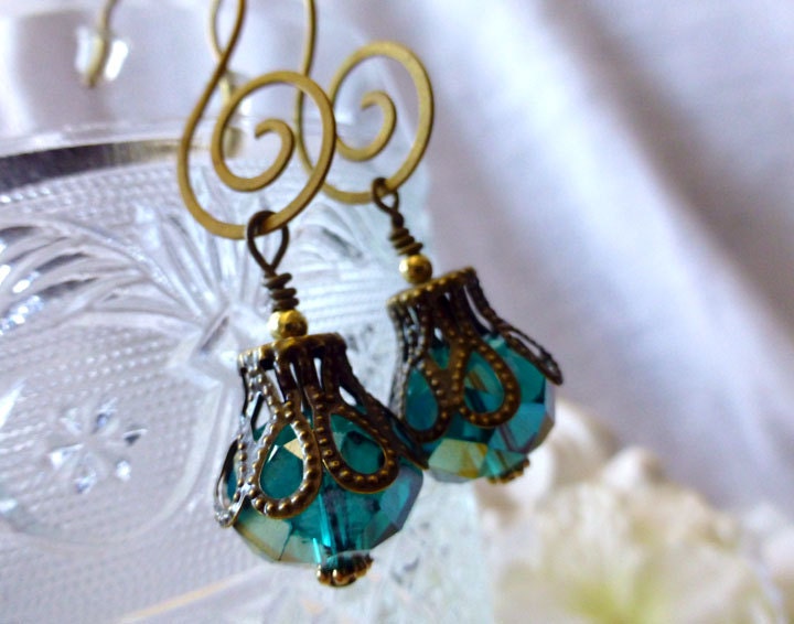 Venetian Peacock Blue Crystal Drop Dangle Earrings