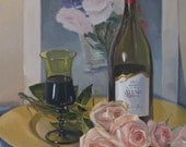 Oil painting wine and roses "Art is not the bread but indeed the wine of life" original framed fine art 16x20