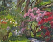 Oregon Willamette Valley landscape painting "The Rhododendron Garden" original oil on canvas by Sarah Sedwick