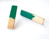 Emerald green and gold.  Hand painted stud sticks earrings. Sterling silver posts. Minimalist earrings.