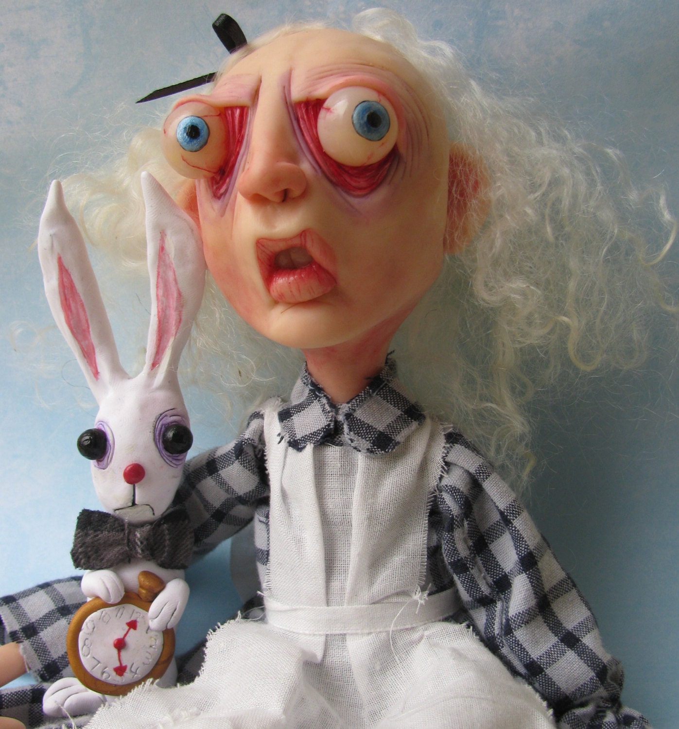 low brow sculpture art doll ooak one of a kind Alice in wonderland with white rabbit by mealy monster land
