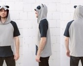 Panda Hoddie w/ Short Sleeves (Unisex Adult Size, Black/Magenta)