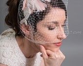 Bridal Veil Set, Wedge Birdcage Veil with Feather Fascinator CaTina