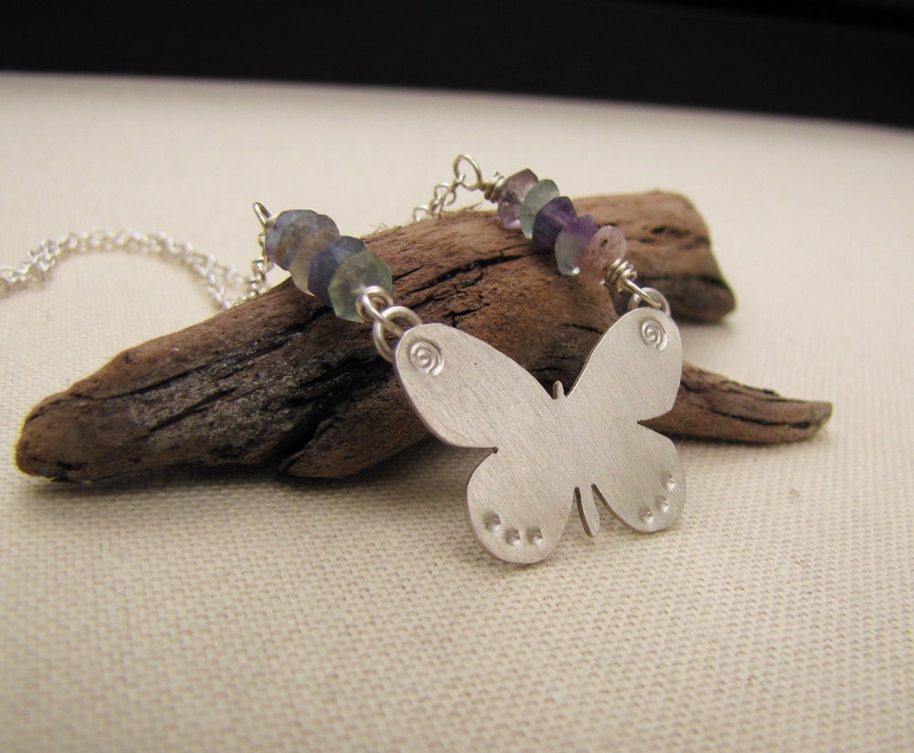 Delicate Butterfly Silhouette Necklace. Sterling Silver Flourite Nature Inspired Spring Mariposa Jewelry