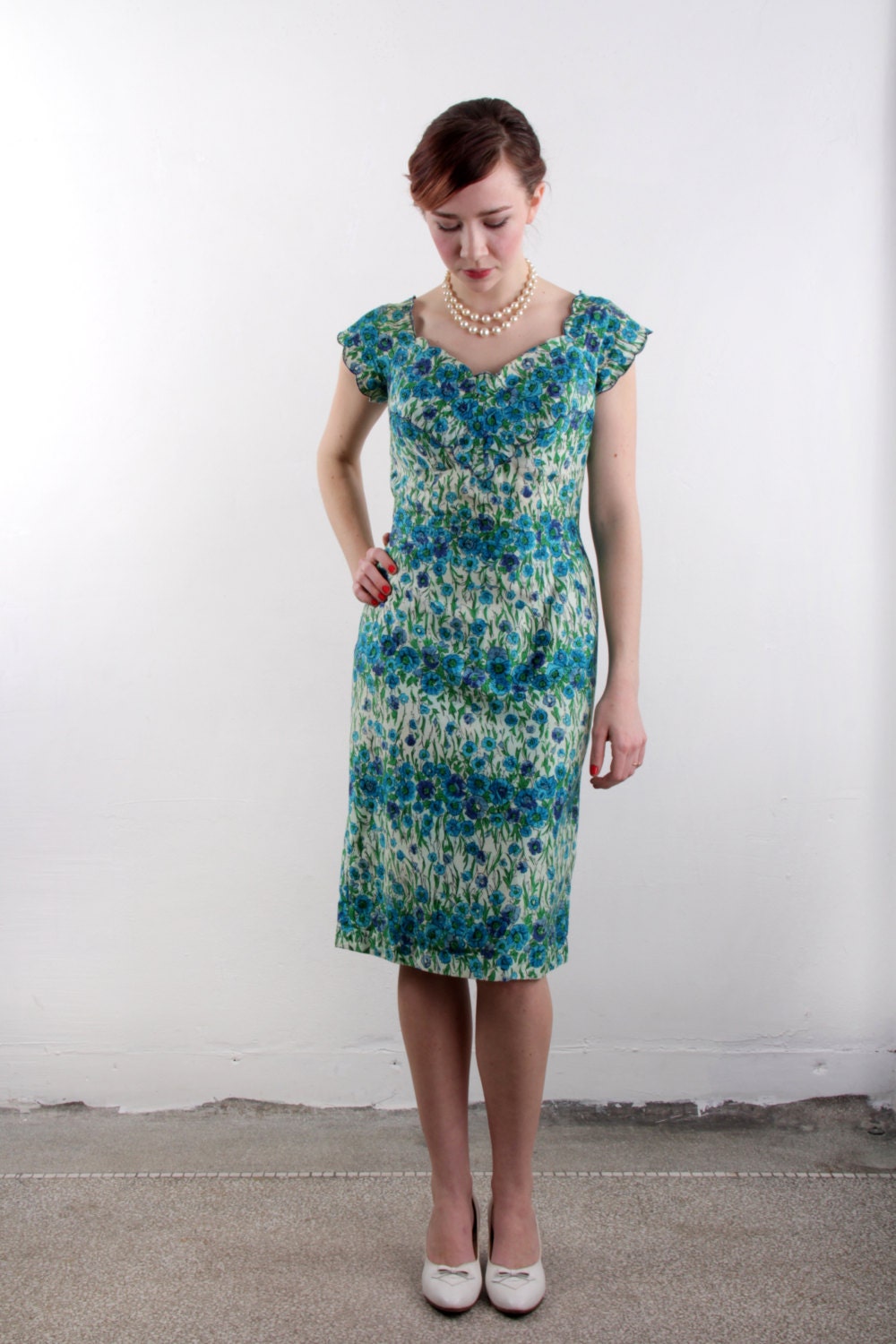 50s Dress . Aqua Floral . Print . Mid Century Gown
