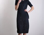 1920s Beaded Dress . Flapper Gown . Sheer Navy Chiffon . 1920s Antique High Fashion