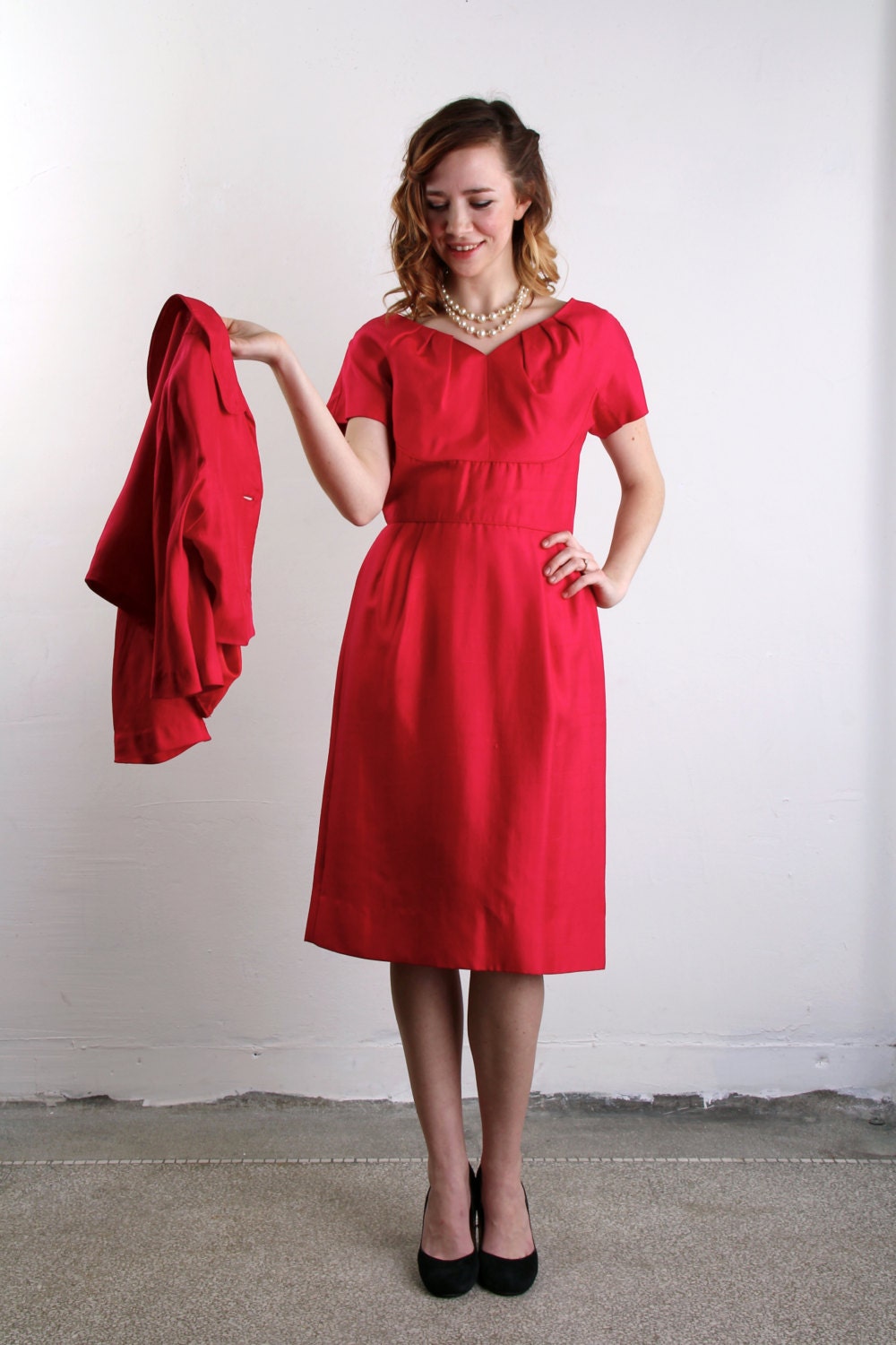 1950s Two Piece . Raw Silk .Fuschia . Hot Pink . Dress and Top . Mid Century