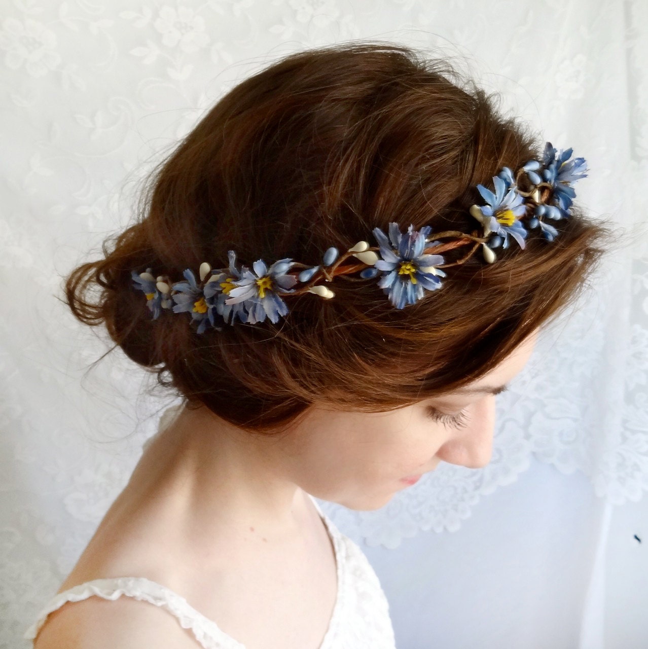 blue flower hair circlet, blue head wreath - CHICORY - wildflower wedding hair piece, royal blue wedding