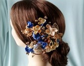 royal blue and gold flower hair accessory, bridal hair clip, sapphire blue headpiece - FILIGREE - gold wedding hair accessories