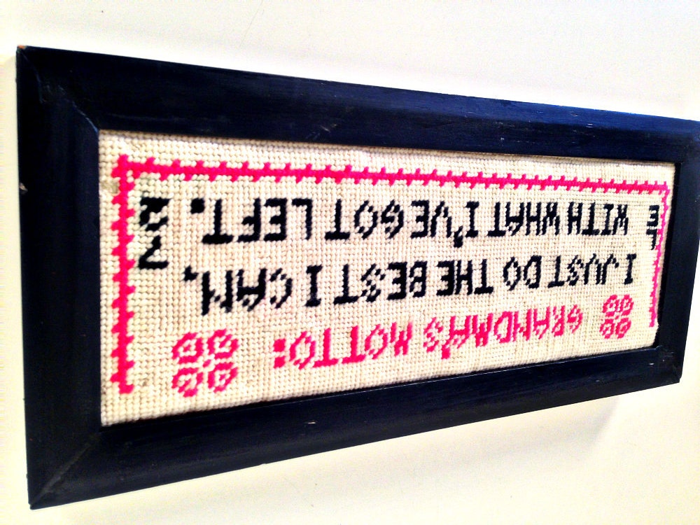 vintage needlepoint sign in wooden frame