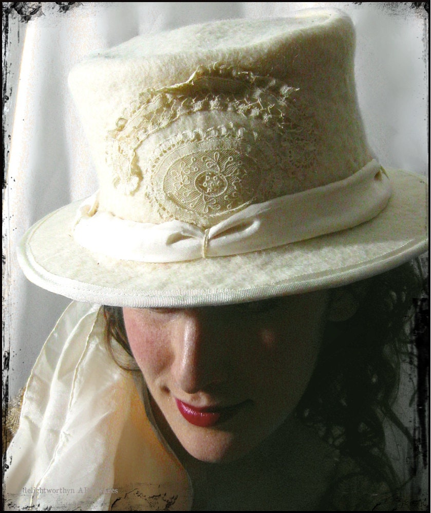 Edwardian Riding Hat in Winter White with Trailing Silk Scarf