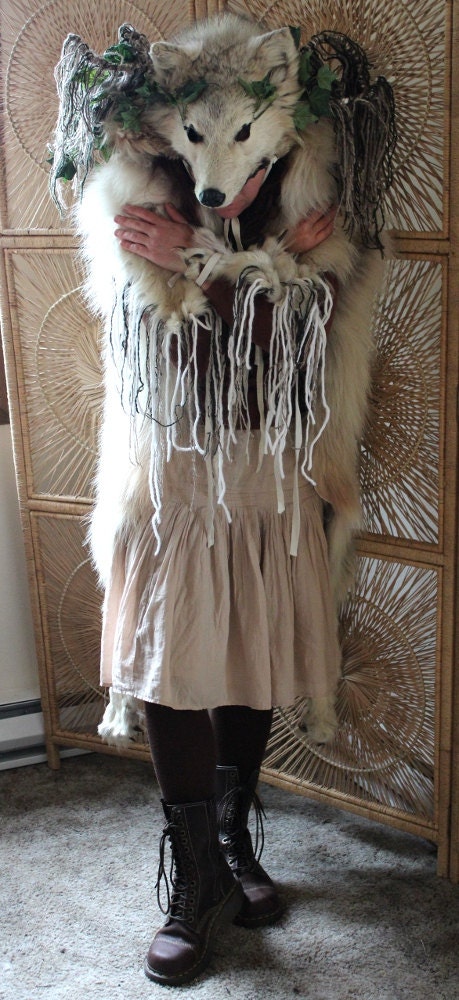 The Green Wolf - decorated white Arctic wolf hide fur totem dance headdress mask with greenery, yarn horns, ceramic button, Mythpunk costume